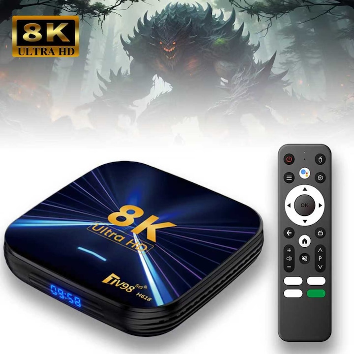 Excitat®, Smart TV Box Android 14, 8k, 4K HD 5g Dual, WIFI6, Telecomanda Bluetooth, HDMI, RAM 4GB, ROM 64 GB Memorie, Netflix, Youtube