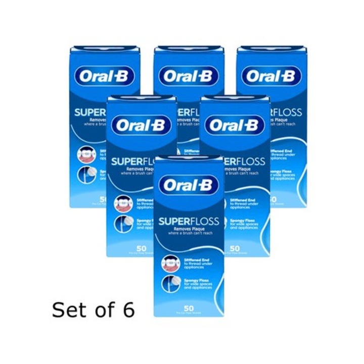 Set ata dentara pretaiata Oral-B SuperFloss Threader, 6 pachete x 50 buc, pentru aparate dentare si spatii interdentare mari
