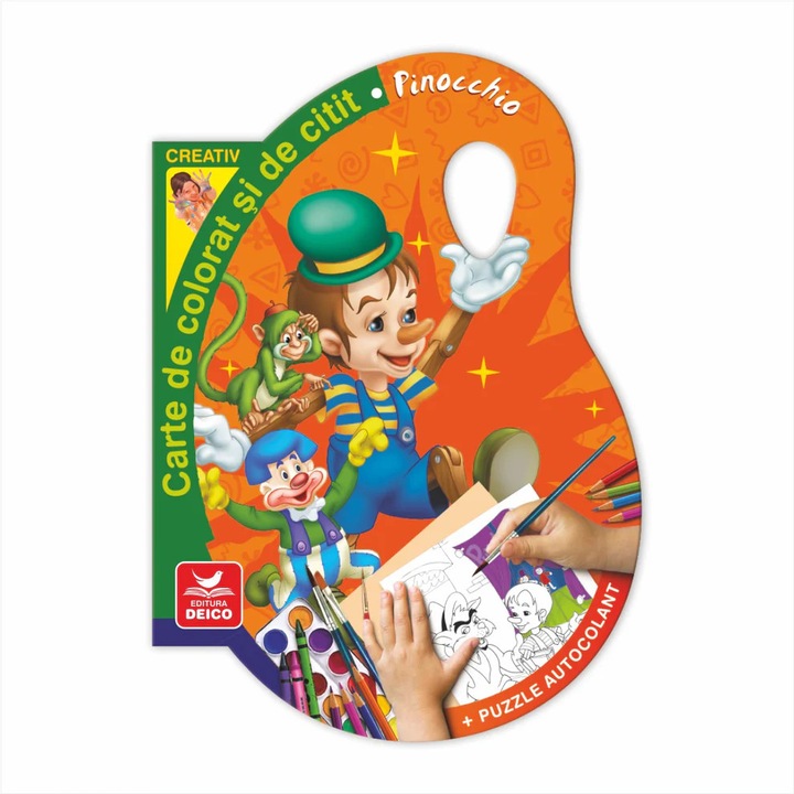 Pinocchio - Carte de Citit si Colorat (Editura Deico) + Puzzle Autocolant, Poveste Clasica, Carte de Activitati pentru Dezvoltare Creativa