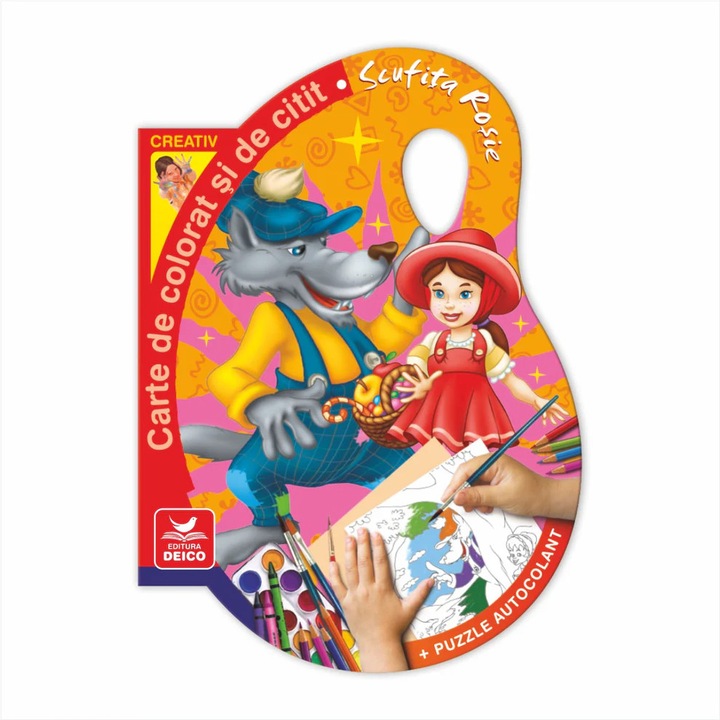 Scufita Rosie - Carte de Citit si Colorat (Editura Deico) + Puzzle Autocolant, Povesti Clasice, Activitati Creative si Educationale