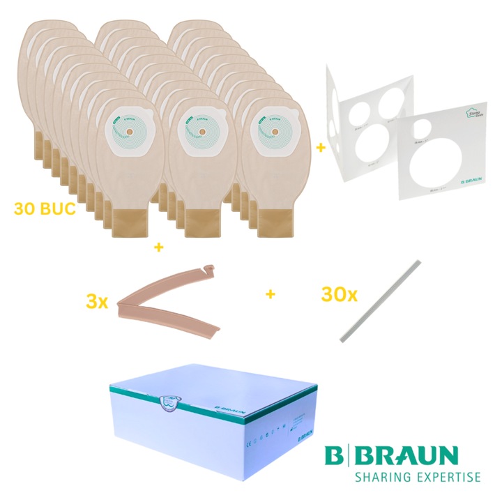Set 30 pungi de colostomie/ileostomie B-Braun 10-70 mm, opace cu evacuare + sablon + 4 cleme din plastic + 30 cleme metalice