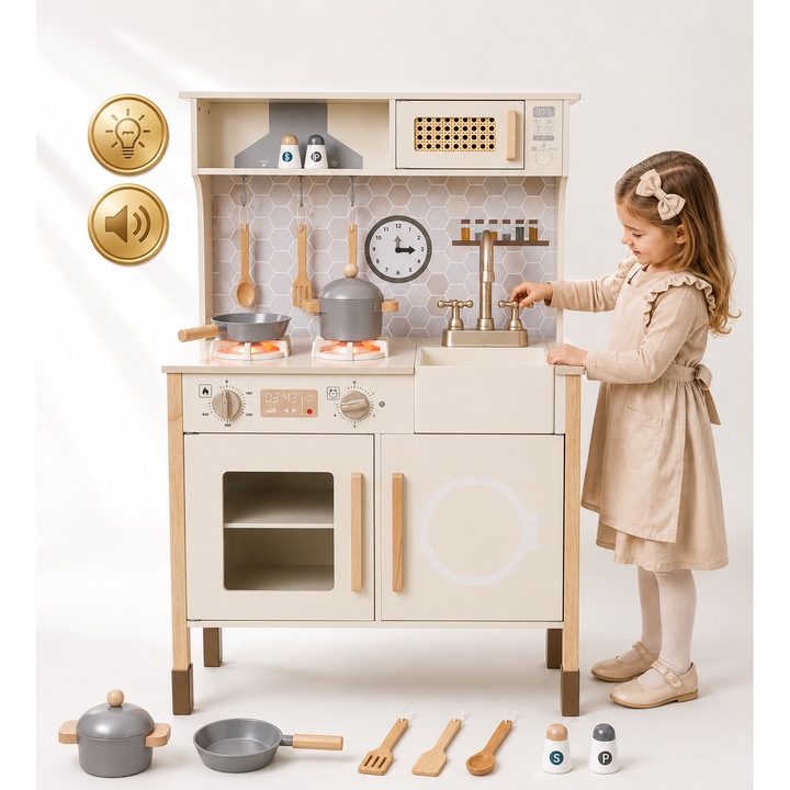 Bucatarie din Lemn pentru Copii MiniMosaic Atelier™ Interactiva cu Lumini LED si Sunete, Aragaz Electric cu Butoane Rotative, Cuptor, Masina de Spalat, Microunde, Chiuveta, Inaltime Reglabila, Accesorii Montessori, 97CM, Caramel Glow