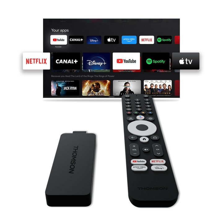 Медиаплейър Thomson Google TV Streaming Stick 145, 4K, Chromecast, HDMI, Bluetooth, Wi-Fi, Черен