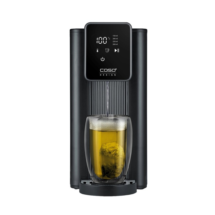Dozator de apa fierbinte Caso Germany, ideal pentru birou/acasa/HoReCa, rezervor 2.5 litri, incalzire rapida, temperatura reglabila 40 - 100°C, cantitate reglabila, panou touchscreen, afisaj LED, filtru de apa integrat, design elegant, 2600 W, negru
