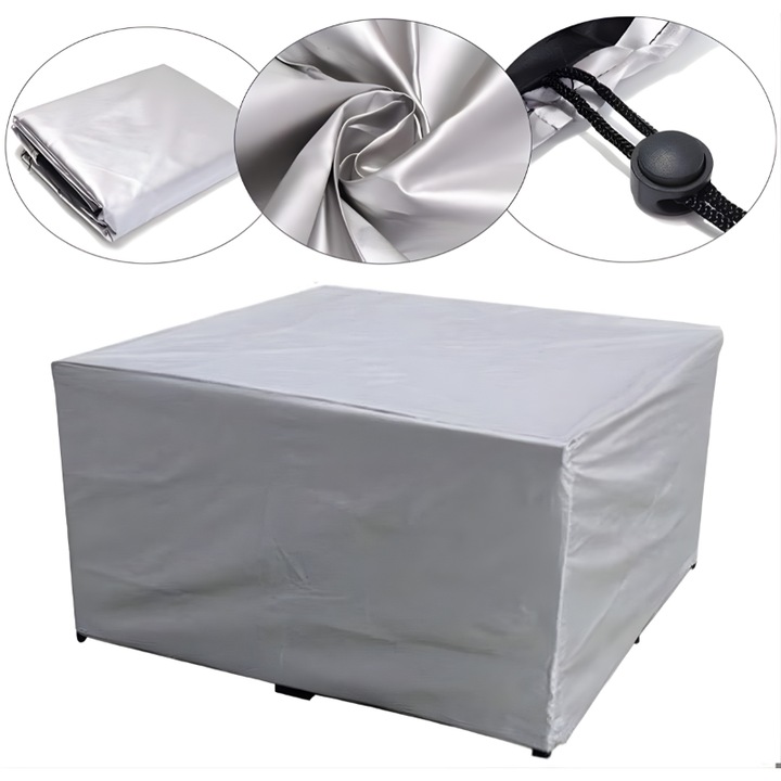 Husa de Protectie Jaskus® GardenShield M, Impermeabila si Rezistenta la Intemperii, Pentru Mese Medii de Gradina, Poliester Oxford 125D, Gri, 180x120x74cm