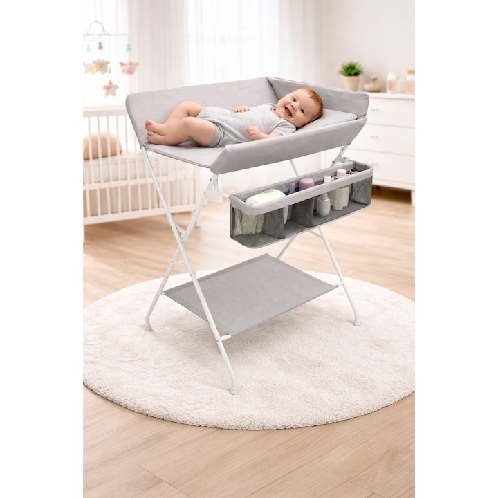 Masa pliabila de infasat sau schimbat bebelusii idealSTORE, Multifunctionala, Cu cos de depozitare si protectii laterale, Cadru metalic, Dimensiune 80.5x67x102.5 cm, Alba