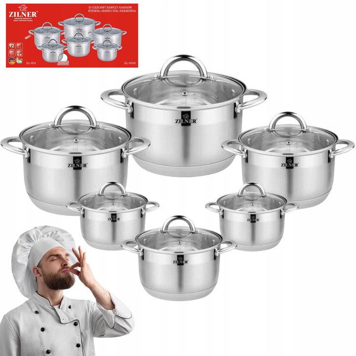 Комплект 12 Медни Съдове за Готвене от Неръждаема Стомана Zilner ZL-8109, Индукция, Газ, С Капак