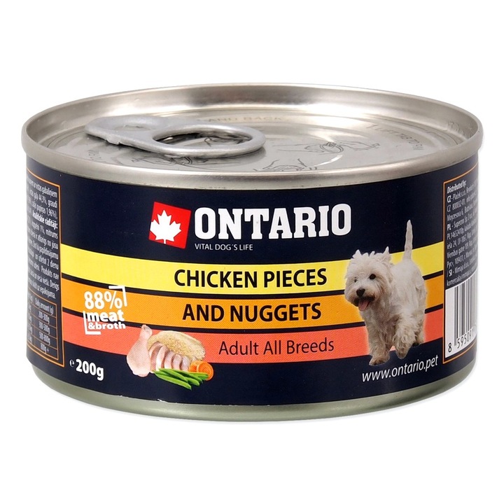Hrana umeda pentru caini, Ontario, cu bucati de pui si nuggets, 200g