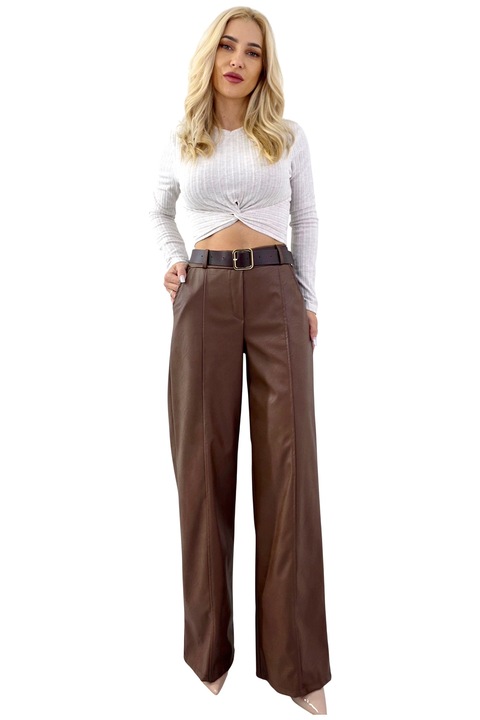 Pantaloni vatuiti FashionForYou, model Leonis, din piele ecologica, cu buzunare si curea asortata, Maro, Marime universala S/M