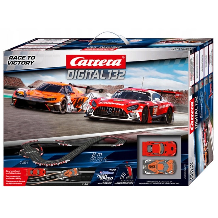 Set Carrera DIGITAL 132 "Race to Victory", circuit 8m, 2 masinute detaliate, KTM X-BOW GT2 portocaliu si Mercedes-AMG GT20 rosu, lumini functionale, scala 1:32