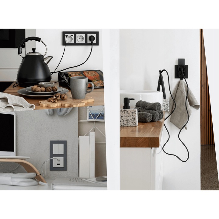 Priza dubla cu iluminare, Simon 55, 10AX, negru mat, 75x75x39.5mm