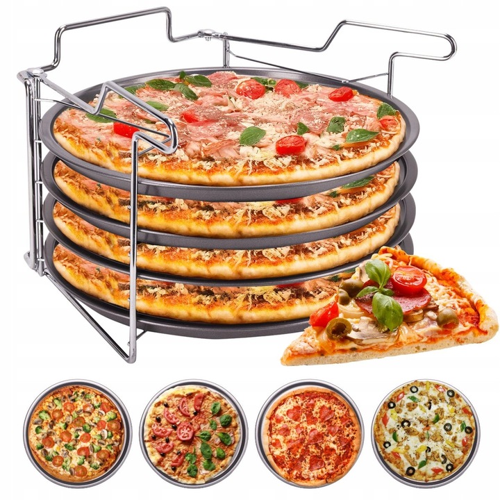 Комплект от 4 Тави за Пица 30 см със Сгъваема Стойка, Незалепващи