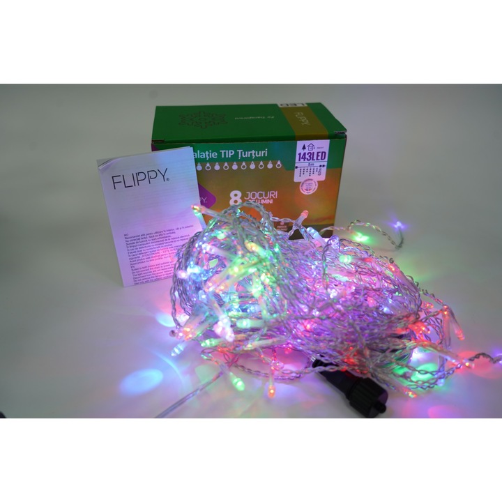 Sectiune Instalatie de Craciun Danex® Tip Turturi, Flash 5 m, 143 LED-uri, Interconectabila, Fir Transparent, RB-RG, Atentie! nu contine alimentator