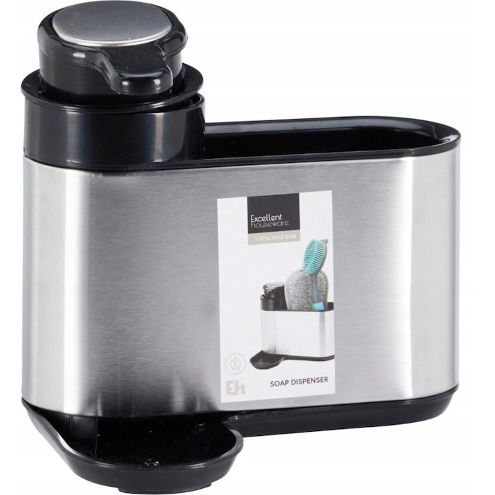 Dispenser pentru lichid de vase si burete, KENI, inox, 250 ml, argintiu/negru, 17x16,5cm
