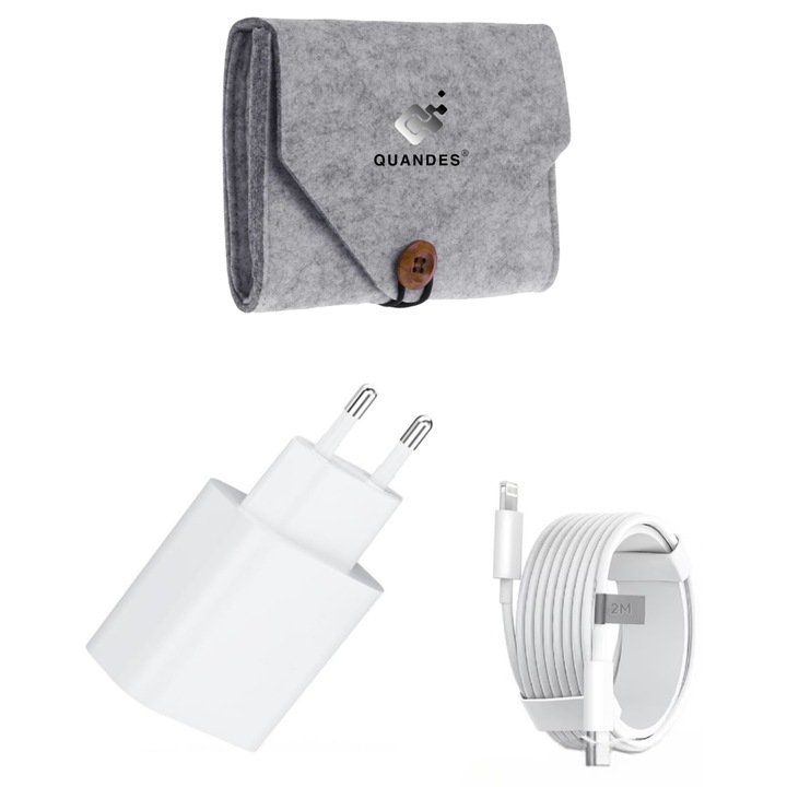 Kit de incarcare rapida USB-C, 20W si cablu USB-C-ligth 2m, compatibil cu iPhone 14 / 13 / 12 promax, Geanta portabila de depozitare din fetru