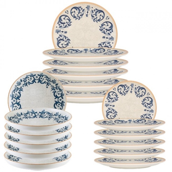 Set serviciu masa 18 piese BONNA VIENTO, 6 farfurii 21cm, 6 farfurii 25cm, farfurii adânci 25cm, portelan