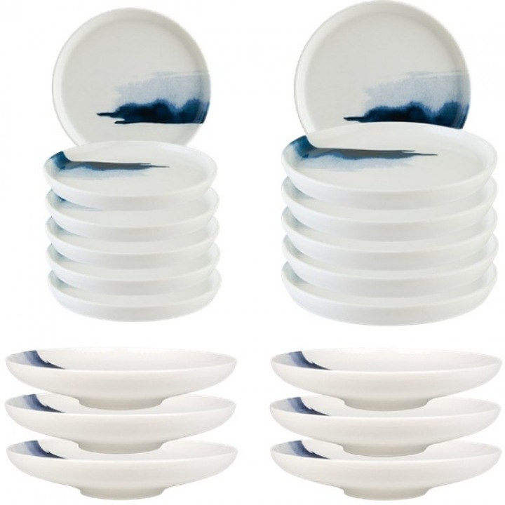 Set serviciu de masa 18 piese Bonna Bluie Wave, 6 farfurii 22cm, 6 farfurii 28cm, 6 farfurii adanci 25cm, 1300ml