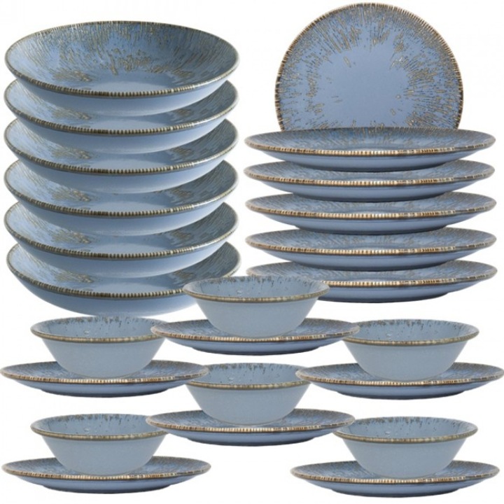 Set serviciu de masa Bonna Snell Sky 6 farfurii 21cm, 6 farfurii 27cm cu 6 farurii adanci 23cm, 1000ml, 6 boluri 16cm, 400ml