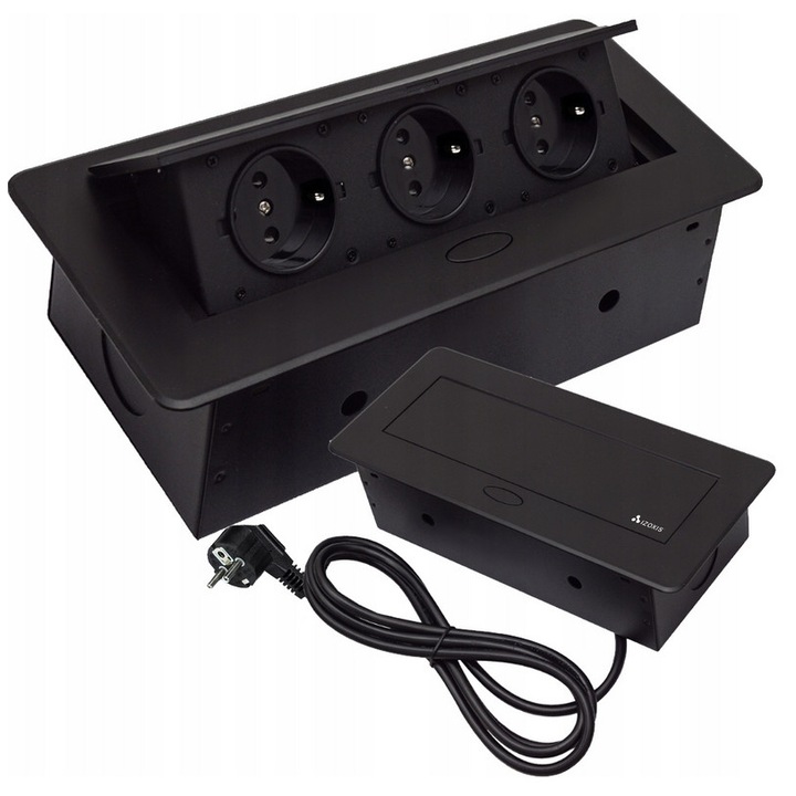 Priza Blat Dubla Neagra cu Capac si Cablu 1.5m