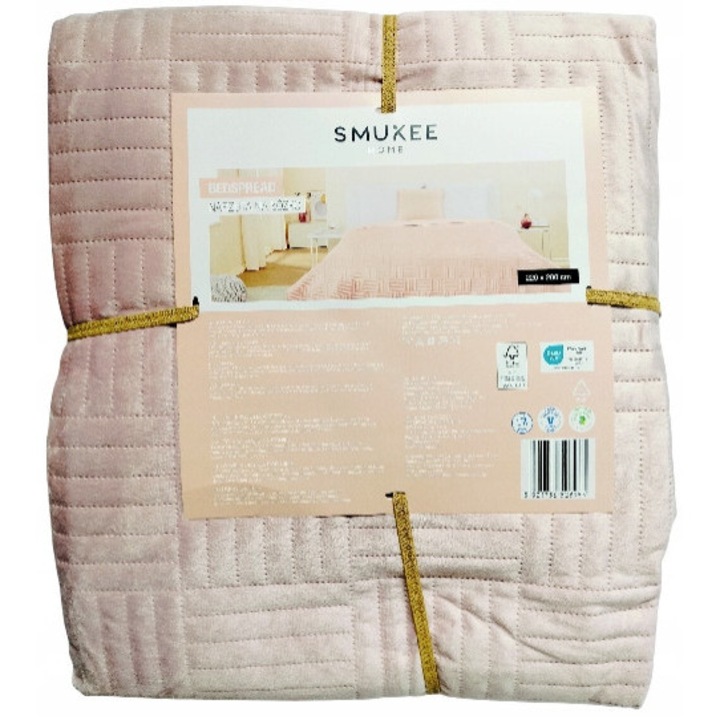 Pled/Cuvertura Pat 220x200cm, Catifea, Matlasata, Roz Pudra