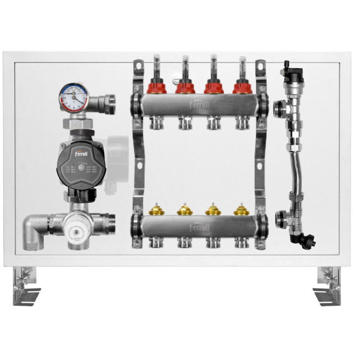 Distribuitor complet echipat Ferroli 4 cai, pompa si grup amestec, set pentru incalzire in pardoseala