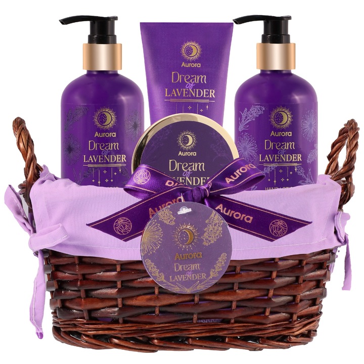AURORA Dream of Lavender ajándék szett, 4 termék, levendula, rattan kosár