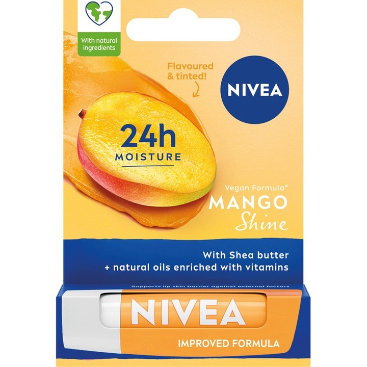 Balsam de buze Nivea Hydro Mango Shine, 4.8 g, formula naturala, hidratare 24 ore