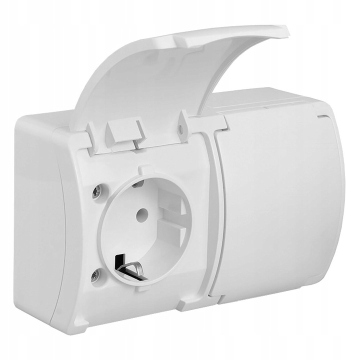 Priza Dubla IP44 Alba Schuko cu Clapeta, Montaj Exterior