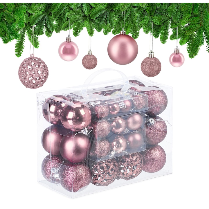 Set 50 Globuri de Craciun Relaxdays, Roz, mat, lucios, 3 dimensiuni