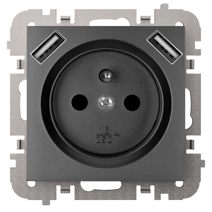 Priza electrica dubla SANTRA cu 2xUSB, neagra, 16A/250V~