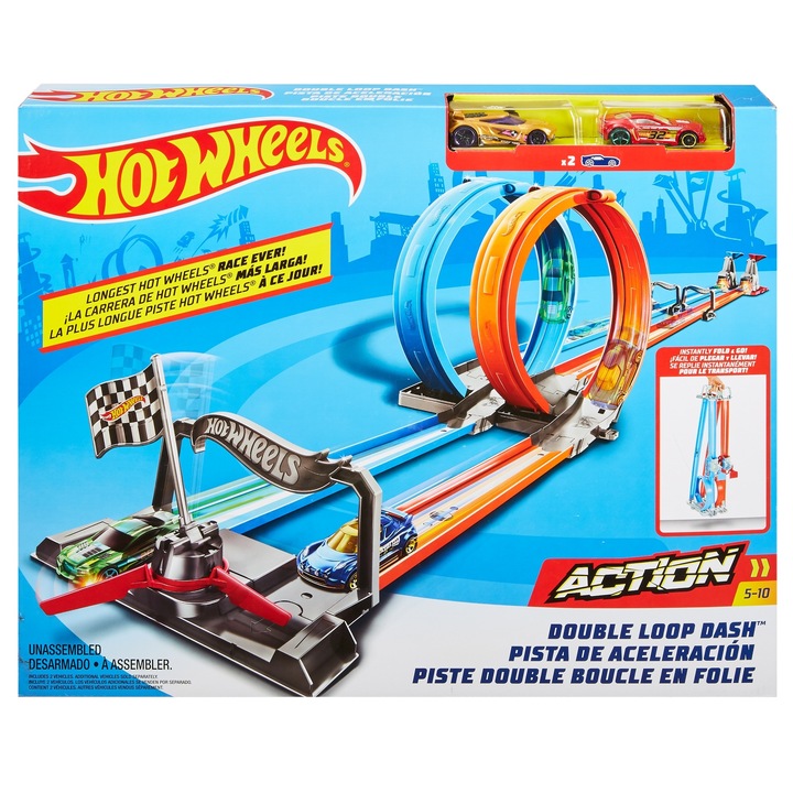 Set Pista Dubla Bucla Hot Wheels 4m cu 2 Masinute, configurabil