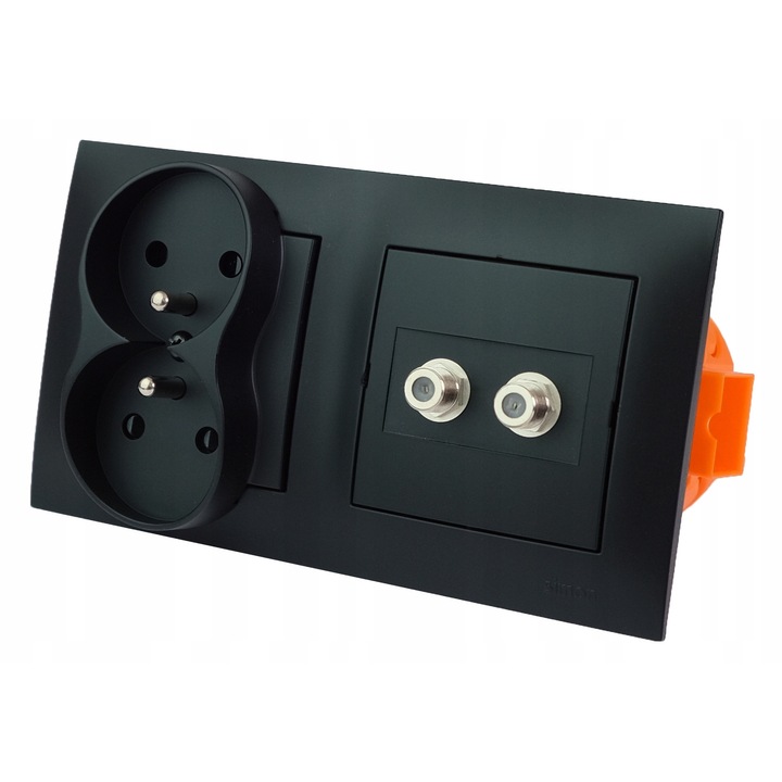 Priza TV 2F 230V Dubla cu Alimentare - Negru Mat