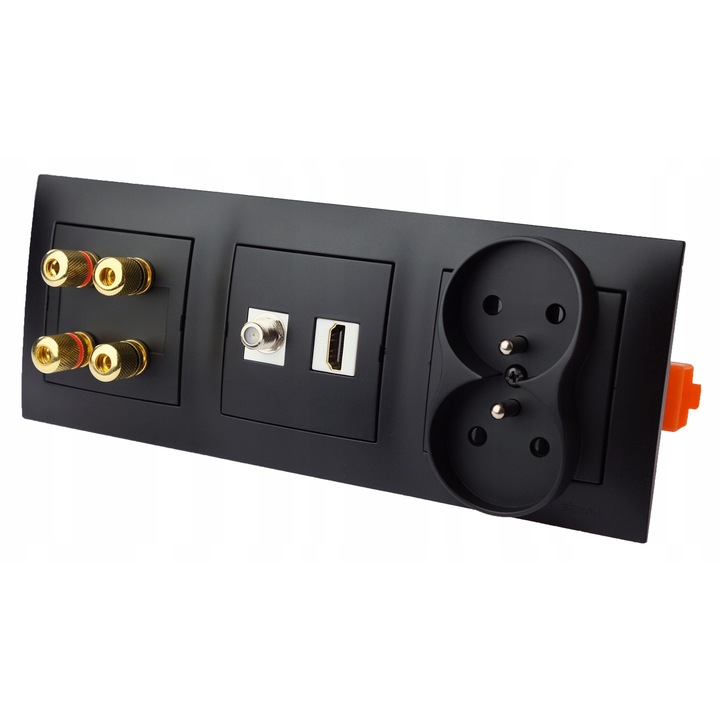 Priza Dubla 230V, 4x Difuzor, HDMI, TV F, Neagra Mata