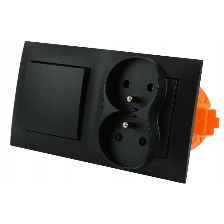 Priza Dubla Neagra Mata cu Comutator Lumina Simon 54