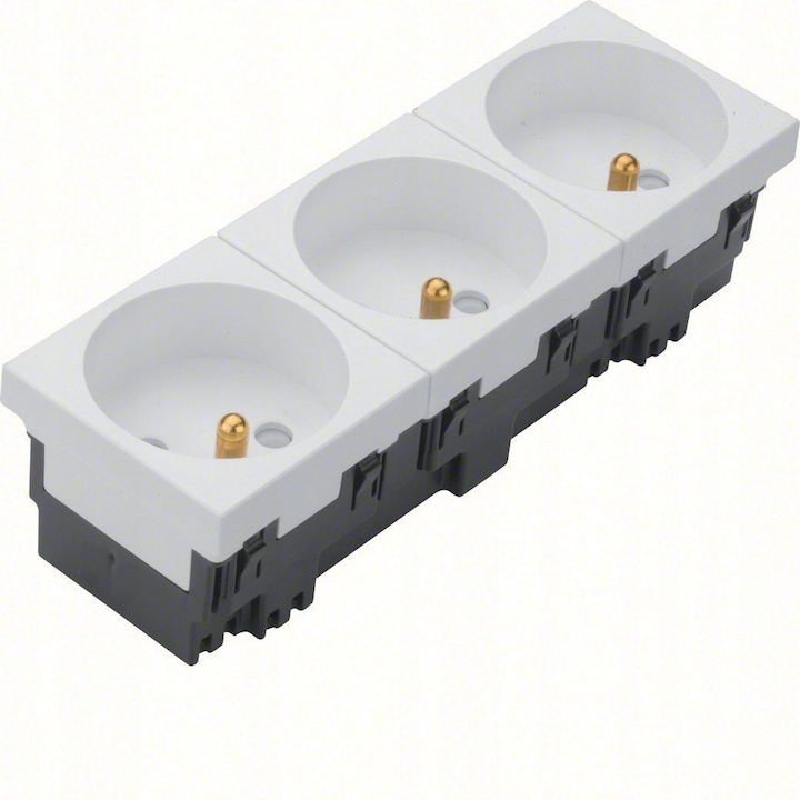 Priza tripla Hager Polo 45x45mm, alba, cu impamantare, EER3339010