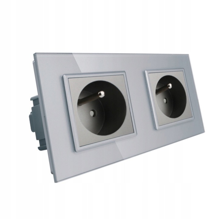 Priza Dubla Livolo 2x 230V 16A cu Impamantare, Rama Sticla Gri