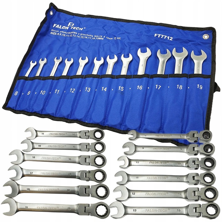 Set 12 Chei Fixe-Inelare cu Ratchet, 8-19mm, Articulate, CrV
