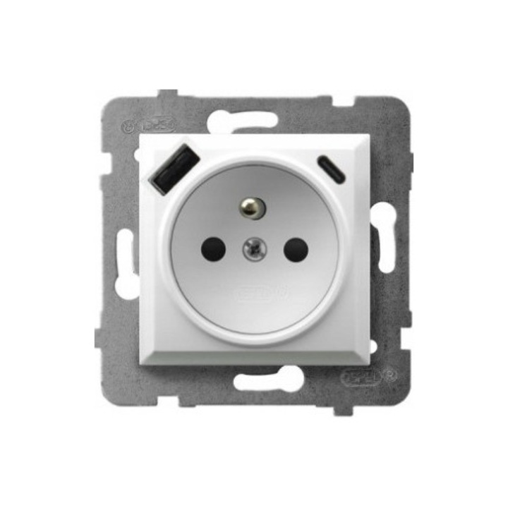 Priza Dubla cu Impamantare USB C+A Ospel Aria Alba