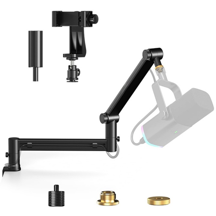 Brat de microfon, suport reglabil pentru birou cu profil redus, potrivit pentru Blue Yeti, Snowball iCE, HyperX QuadCast, SoloCast, Elgato Wave etc.Negru mat, WALALLA