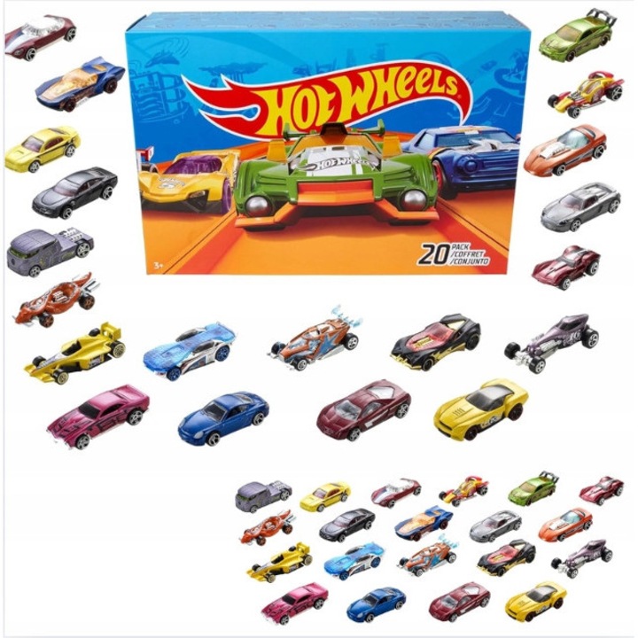 Set 20 Masinute Hot Wheels 1:64, diverse culori, constructie durabila