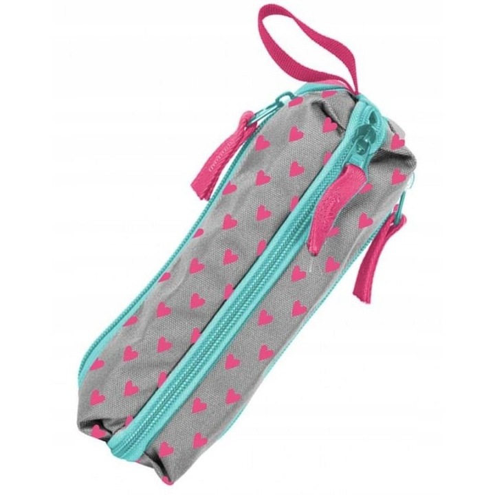 Trousse scolara gri cu inimioare roz, trei compartimente