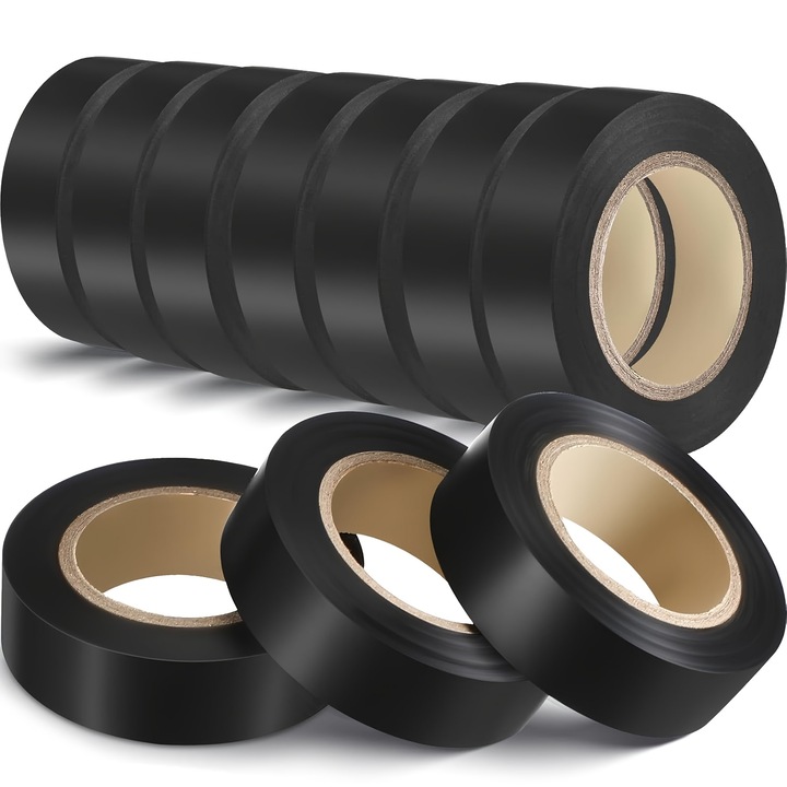 Banda izolatoare electrica, 10 pachete Rezistenta la flacari si la temperaturi inalte, pentru utilizare in interior si exterior pe instalatii electrice, canalizatii si plastic, culoare neagra