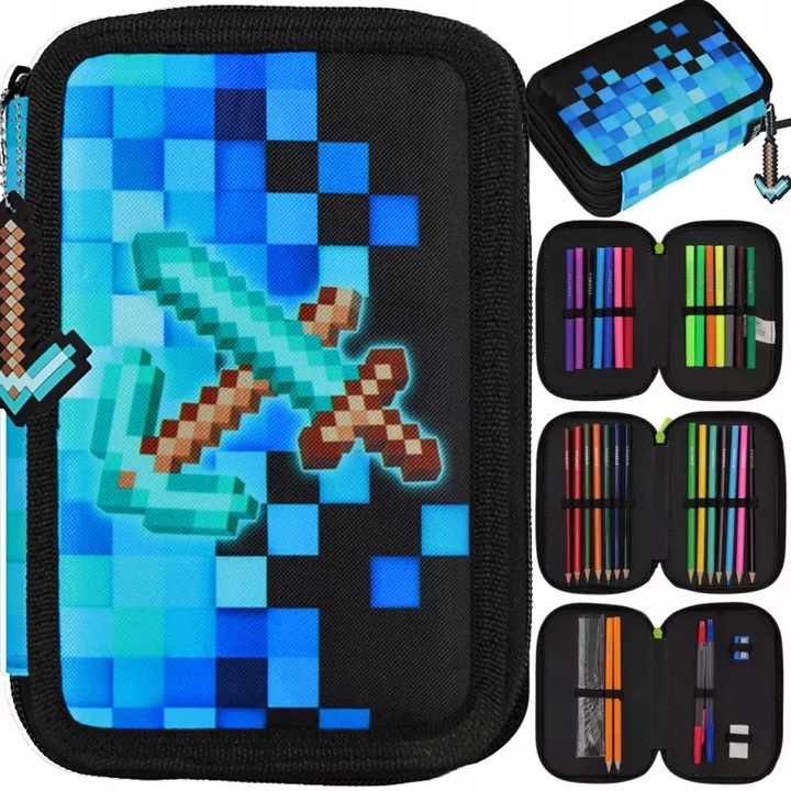 Trousse scolara Starpak cu 3 compartimente si 30+ accesorii, Pixel Blue