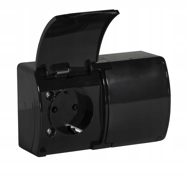 Priza Dubla IP44 Schuko Neagra cu Clapeta, Montaj Exterior