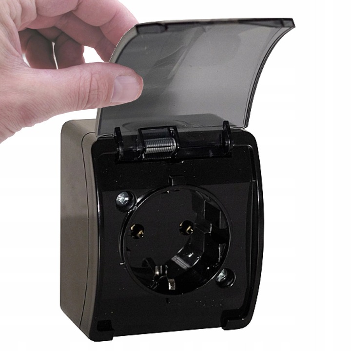 Priza Dubla Schuko IP44 cu Capac Fumuriu Neagra