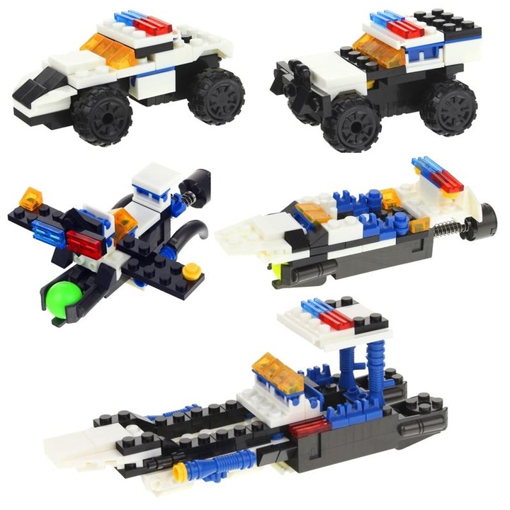 Nobo Kids építőkészlet, 4 rendőrségi jármű, 54-49 elem, többszínű, 11,5x10x5cm, 13x4x4cm, 8x5x4cm, 9x5x4cm