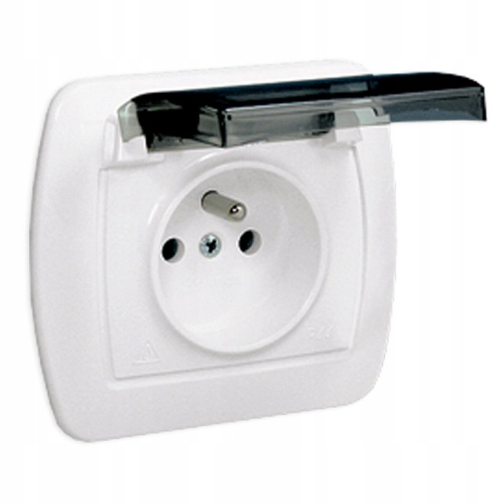 Priza electrica Simon Akord IP44 alba cu clapeta si impamantare