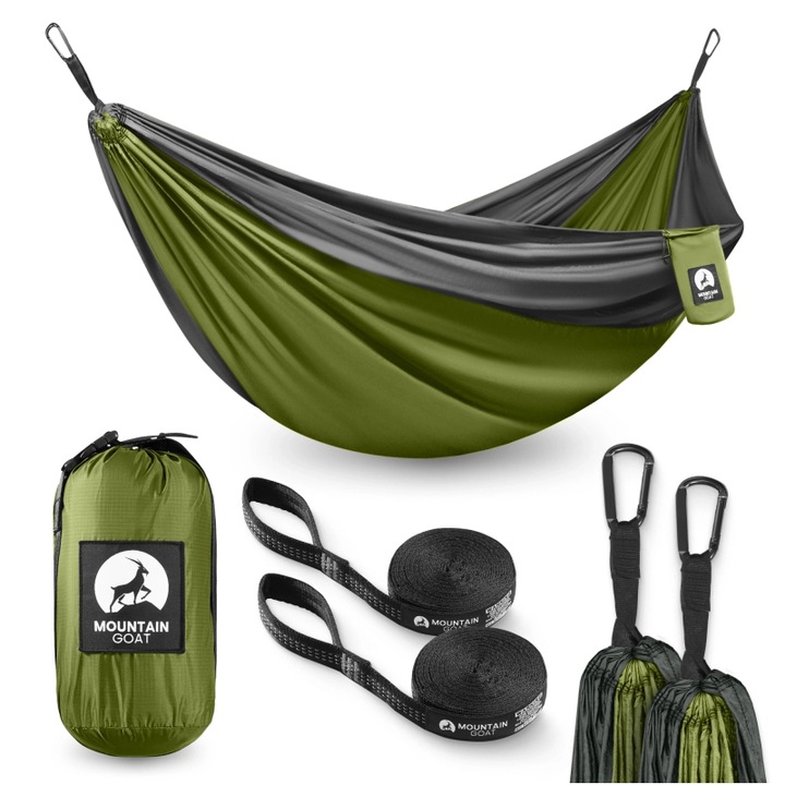 Hamac turistic dublu, MOUNTAIN GOAT, realizat din nailon 210T rezistent, suporta 200 kg, masoara 300×200 cm, include curele si carabiniere, buzunar lateral practic, perfect pentru camping, expeditii si activitati outdoor, gri/verde