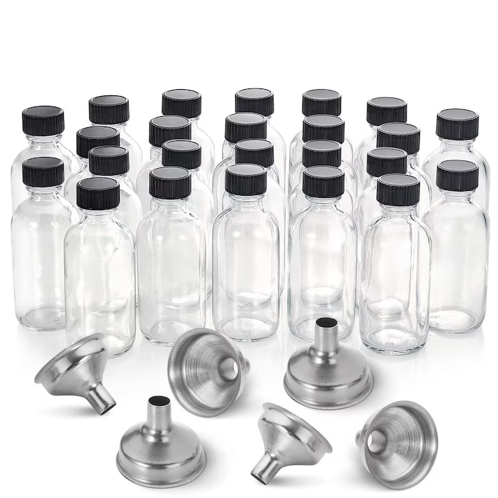 24 db-os üvegpalack készlet, 60 ml, kupakkal, 6 db rozsdamentes acél tölcsérrel