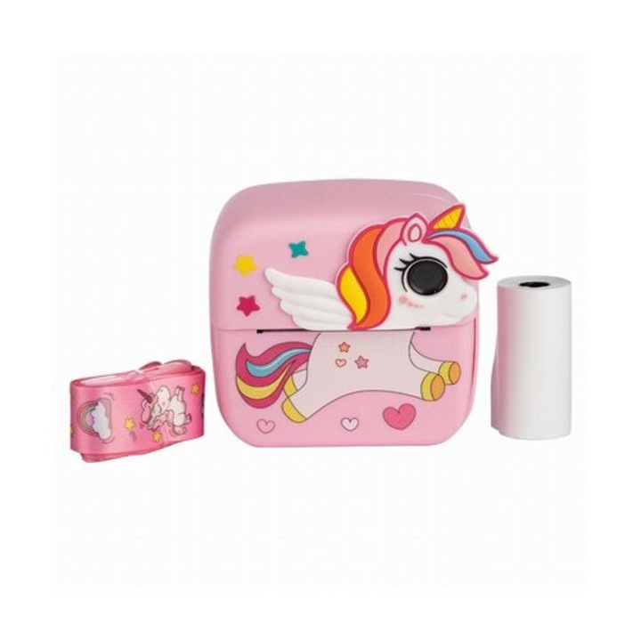 Aparat foto copii cu printare instant, Free2Play, Camere duale fata-spate, Cadre distractive, Cu 6 filtre, Unicorn